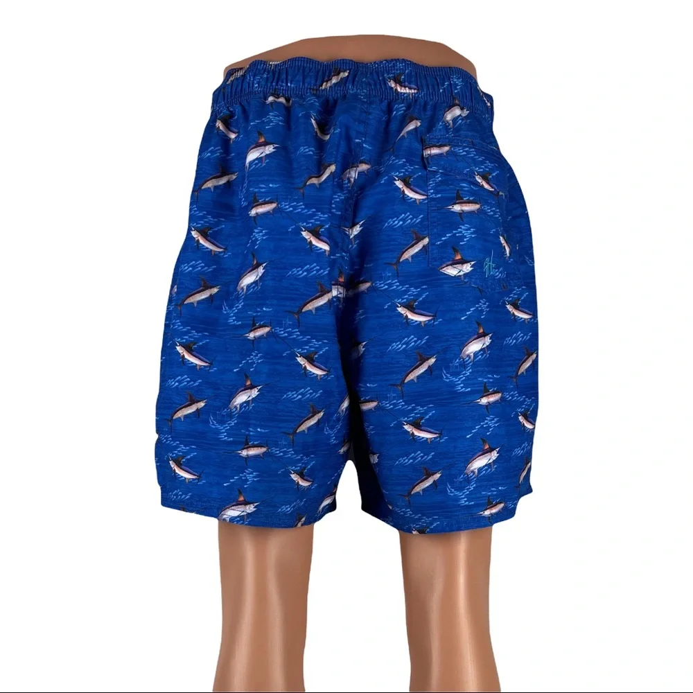 Guy Harvey Mens XL Swim Shorts Blue SwordFish Pockets Mesh Lined All Over EUC